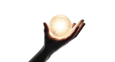 Isolated hand holding glowing orb of light, mystical magic energy in palm, fortune teller
