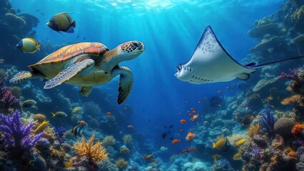 Sea Turtle and Stingray Swimming in Vibrant Coral Reef with Sunbeams.
