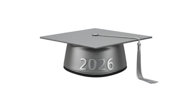 Silver 2026 Graduation Cap on Black shows future achievements. Great for announcements, posters, or social media posts celebrating education and class of 2026.