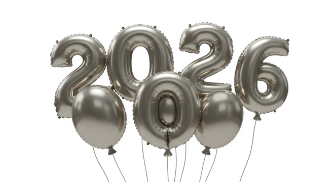 Silver balloons form 2026 on black. Shiny, metallic texture. Ideal for New Year's Eve posters, party invitations, or digital marketing visuals.