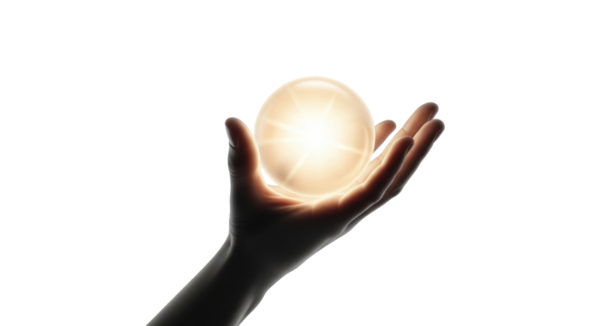 Isolated hand holding glowing orb of light, mystical magic energy in palm, fortune teller