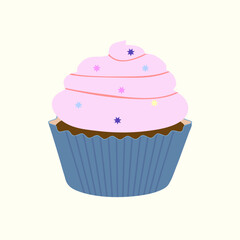Cute cupcake with cream frosting and sprinkles. Sweet dessert vector illustration for bakery design, menu, or packaging.
