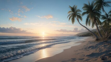 Fototapeta premium Serene Beach Sunset - Palm Trees, Ocean Waves, and Golden Sky.