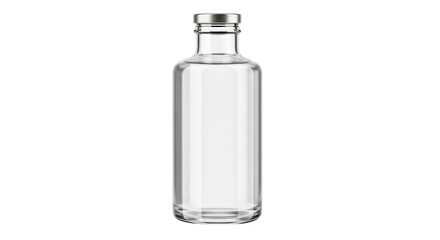 Isolated transparent cylindrical bottle container with metal lid filled with liquid