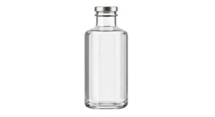 Isolated transparent cylindrical bottle container with metal lid filled with liquid