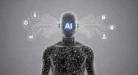 Artificial Intelligence - Humanoid Robot with Digital Brain and Network.