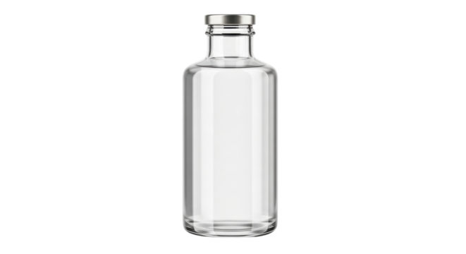 Isolated transparent cylindrical bottle container with metal lid filled with liquid