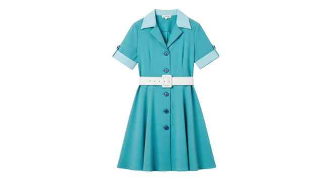 Isolated turquoise dress with white belt and button closure, short sleeves, and light collar