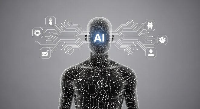 Artificial Intelligence - Humanoid Robot with Digital Brain and Network.