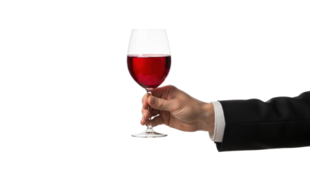 Isolated hand of man in suit holding glass of red wine in his fingers in a formal setting