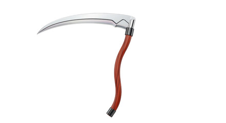 Isolated curved scythe with wooden handle. Deadly weapon and harvesting tool. Closeup shot.