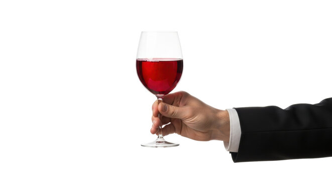 Isolated hand of man in suit holding glass of red wine in his fingers in a formal setting