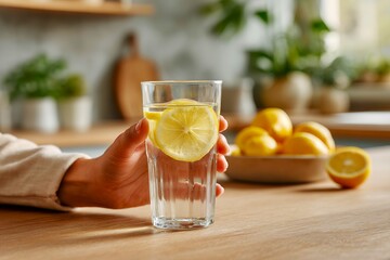Fototapeta premium Person Holding a Lemon-Infused Vitamin Drink in a Cozy Kitchen – Cold Prevention and Flu Care