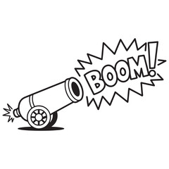 Whimsical Cannon Illustration Black and White Cartoon Style Depicting a Cannon Firing with the Word Boom