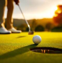Calm Golfer Putting on Green During Sunset on a Beautiful Course