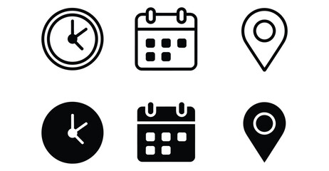 Set of six icons—clock, calendar, and location pin in solid and outline styles—ideal for scheduling, navigation, and digital interfaces