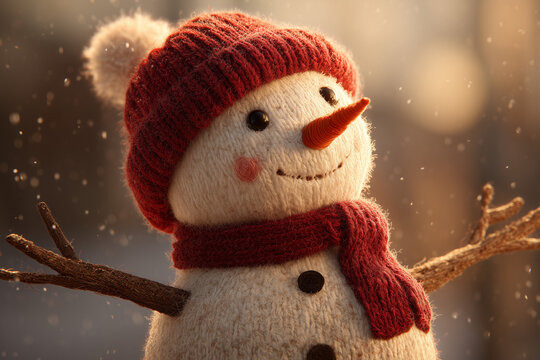 Adorable knitted snowman wearing a red beanie and scarf, carrot nose and twig arms bathed in warm golden winter light — festive cozy holiday decoration
