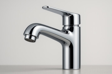 Modern chrome bathroom faucet with clean reflective metal surface and smooth curved design isolated on light gray background for plumbing fixture concept