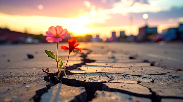Tiny flowers emerge from a cracked concrete surface against a sunset sky.