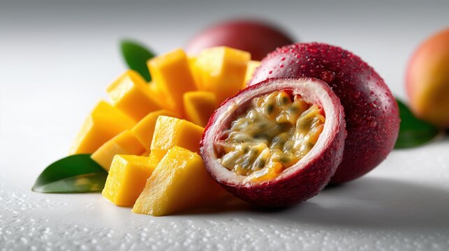 Fruits tropicaux frais avec mangue d&eacute;coup&eacute;e et fruit de la passion