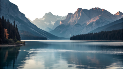 Mountain lake, serene with reflections of pine forests and rocky peaks at dawn, cutout, PNG isolated on white or transparent background