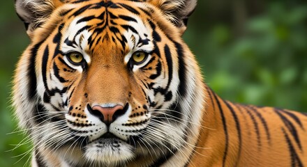 Naklejka premium A powerful and majestic tiger looking directly at the camera. A close up portrait of the beautiful big cat in its natural green jungle habitat. Wildlife and conservation concept.