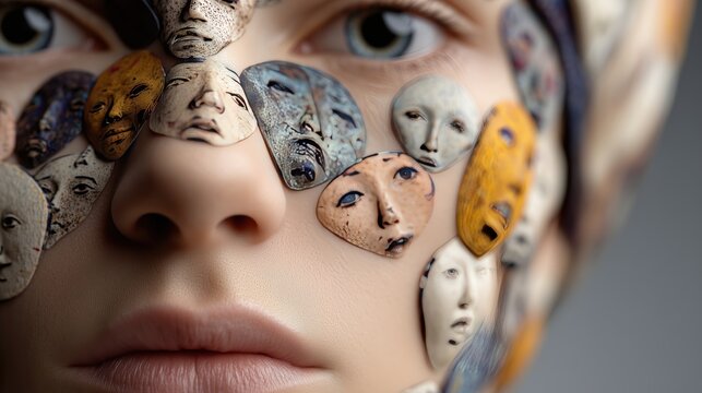 Visage f&eacute;minin orn&eacute; de mini masque color&eacute;s pos&eacute;s d&eacute;licatement sur la peau