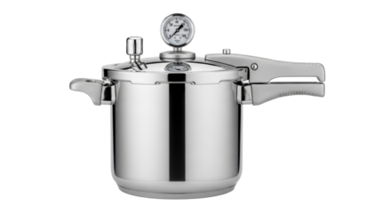 Isolated stainless steel pressure cooker on a neutral background, kitchen tool for cooking