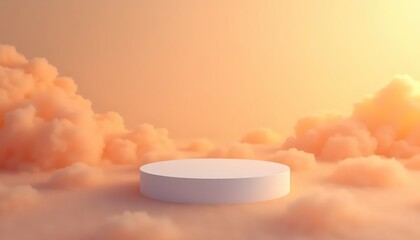 Surreal Floating Podium Above Orange Cloudscape in Dreamlike Atmosphere