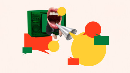 Surreal collage art. Mouth shouting through megaphone and colorful speech bubbles. Concept of PR...