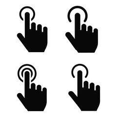 Obraz premium Set of four black hand pointer cursor icons showing touch interaction and digital selection actions silhouette
