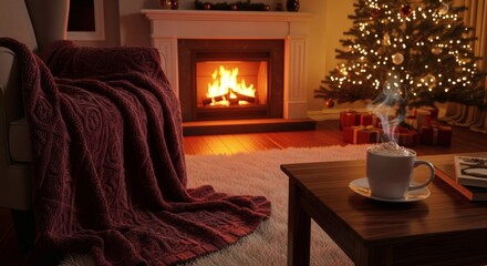 Cozy Living Room Scene with Crackling Fireplace Warm Blanket and Festive Christmas Tree Decoration