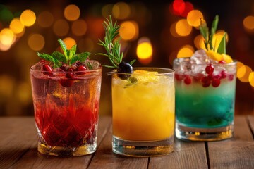 Colorful Cocktails on Wood with Warm Bokeh Lights
