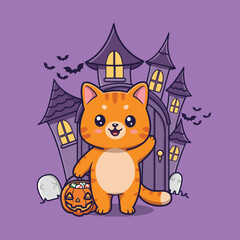 Cute Cartoon Orange Cat with Pumpkin Candy Basket in Front of Haunted House. vector Illustration of Whimsical Halloween Scene