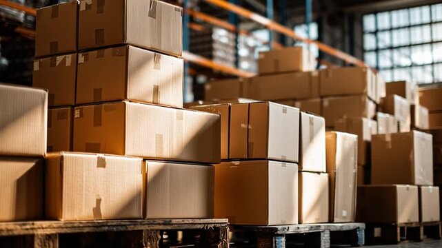 Sunlight streams through a warehouse, illuminating stacks of brown cardboard boxes organized on wooden pallets. Workers prepare for efficient logistics and timely delivery.