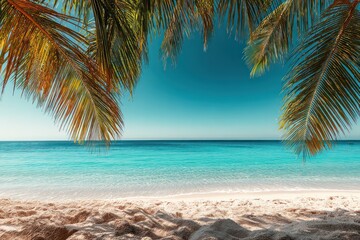 Paradise Tropical Beach with Palm Leaf Frame