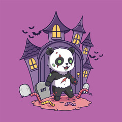 Cute Cartoon Zombie Panda in Front of Haunted House. Vector Illustration of Whimsical Halloween Horror Scene