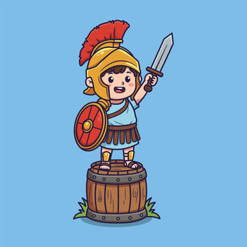 Cute Cartoon Roman Soldier Child Holding Sword and Shield . Vector Illustration of Whimsical Historical Hero Scene