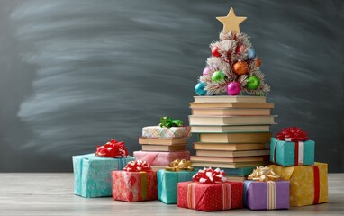 Creative Christmas tree made from stacked books with colorful decorations and gifts on a wooden table