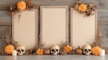 Skulls and candles on a wooden table - dia de los muertos