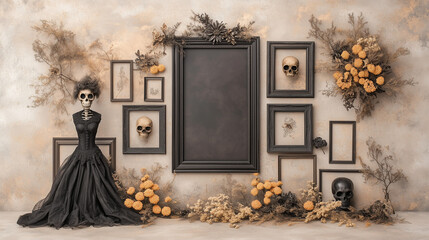 Skulls and candles on a wooden table - dia de los muertos