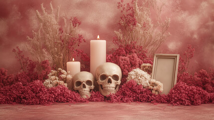 Skulls and candles on a wooden table - dia de los muertos