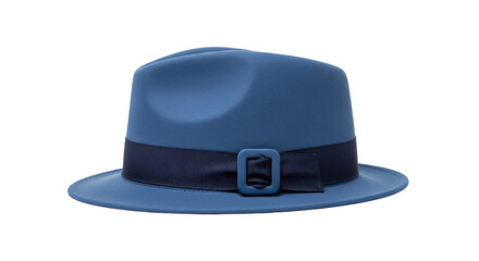 Isolated, blue fedora hat with dark navy ribbon and buckle detail, on neutral background
