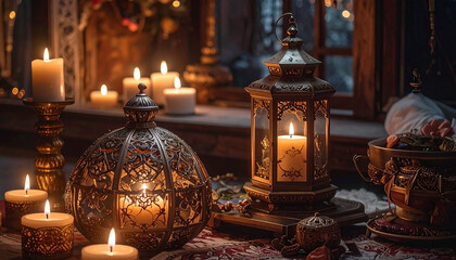 Christmas composition, window, candles, oriental-style lanterns, garland and Christmas decor