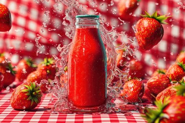 Vibrant red strawberry juice bottle on summer picnic tablecloth