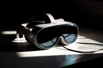 Virtual reality headset lying on modern desk with placeholder screen
