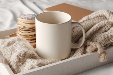 White ceramic mug mockup on breakfast tray with pancakes and blanket