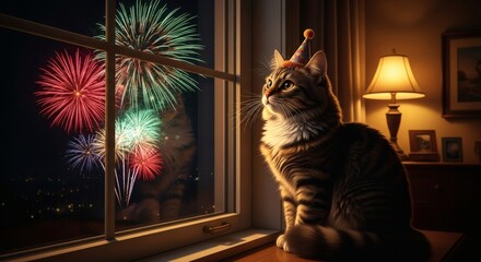 A Festive Cat Wearing a Party Hat Gazes Out a Window at Beautiful Fireworks Lighting Up the Night Sky