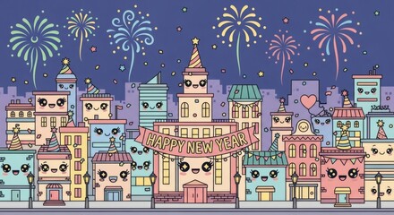 A Whimsical Pixel Art Cityscape Celebrating New Year's Eve with a Fireworks Display Above Adorable Buildings