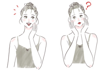 肌を触って困る、悩む女性と笑顔の女性のセット